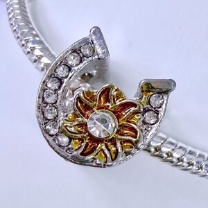 Silver Horseshoe Sunflower Bead Charm Fits Snake‎ Chain Bracelet Rhinestone